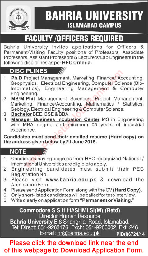 Bahria University Islamabad Campus Jobs 2015 June Application Form Download Teaching Faculty & Officers
