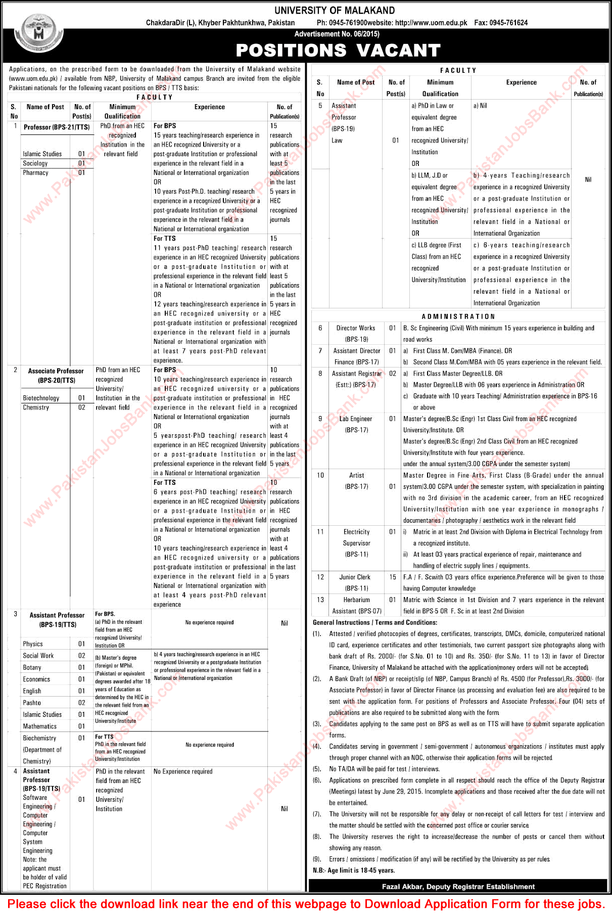 University of Malakand KPK Jobs 2015 June Teaching Faculty & Administrative Staff Application Form