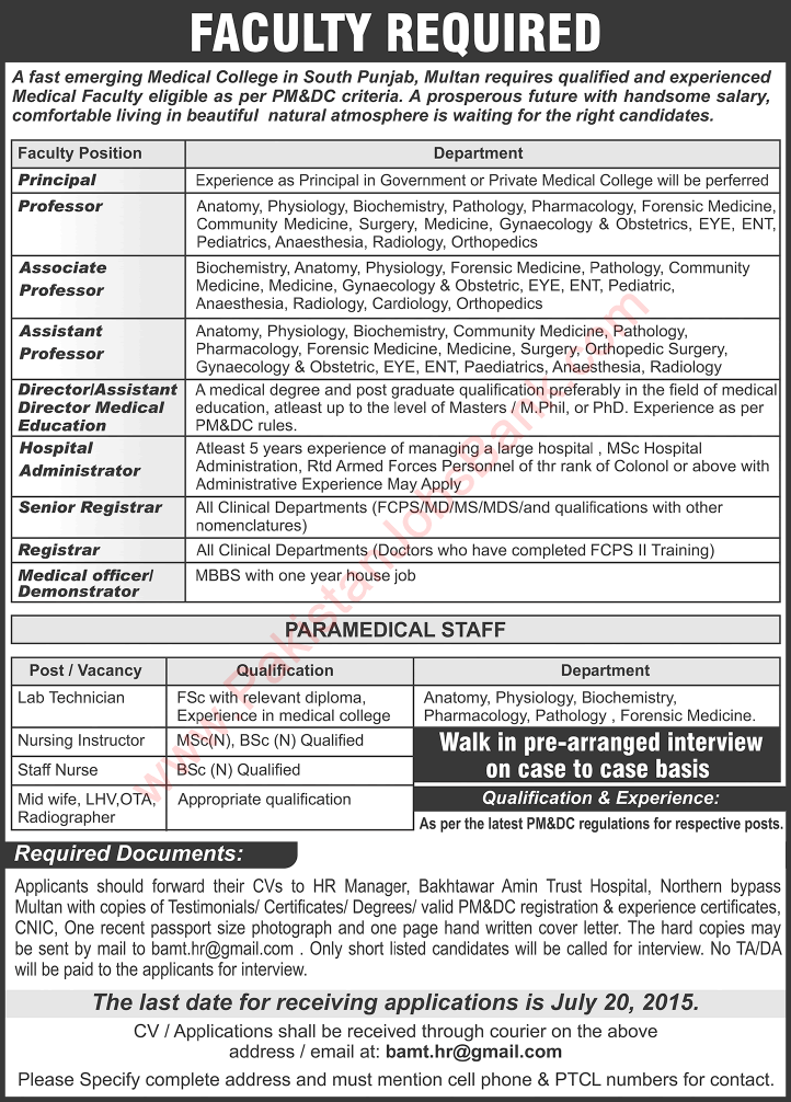 Bakhtawar Amin Hospital Multan Jobs 2015 June Medical Faculty, Admin & Paramedical Staff Latest