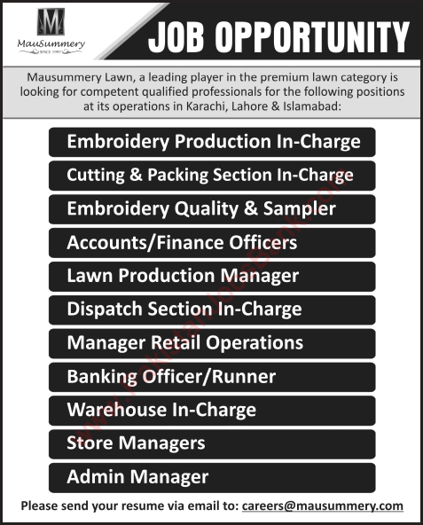 Mausummery Lawn Jobs 2015 June in Karachi, Lahore & Islamabad for Administrative Staff