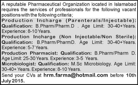 Pharmacist & Microbiologist Jobs in Islamabad 2015 June for a Pharmaceutical Company