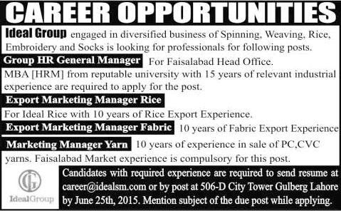 Ideal Group Faisalabad Jobs 2015 June HR & Export / Marketing Managers Latest