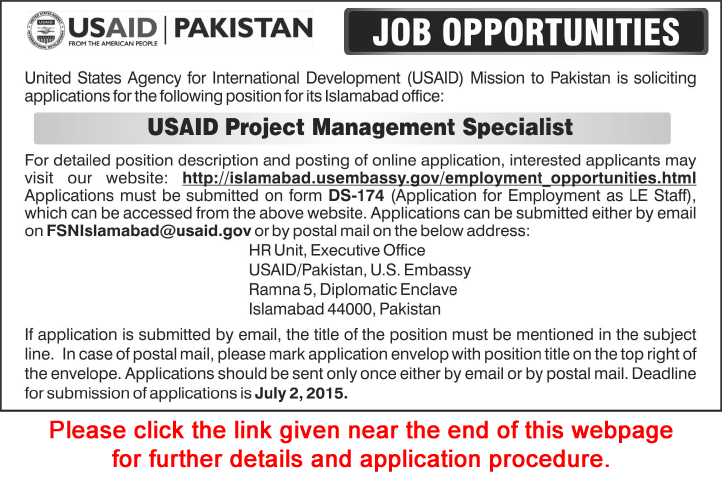 USAID Project Management Specialist Jobs in Islamabad 2015 June Economic Growth and Agriculture (EGA) Office