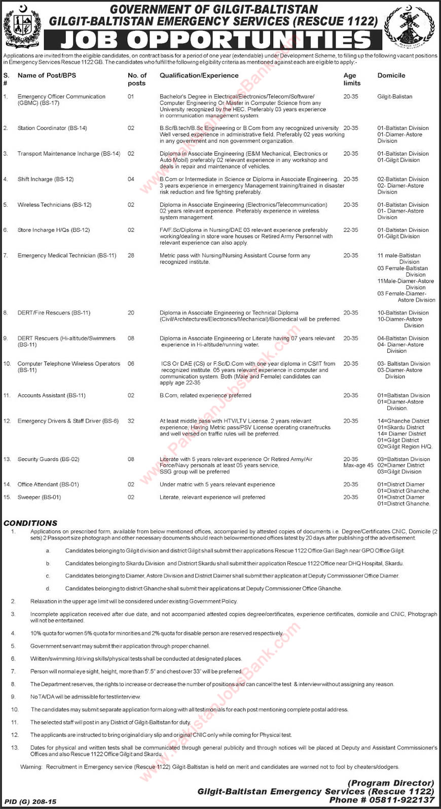 Rescue 1122 Jobs 2015 June Gilgit Baltistan Emergency Services Latest Advertisement