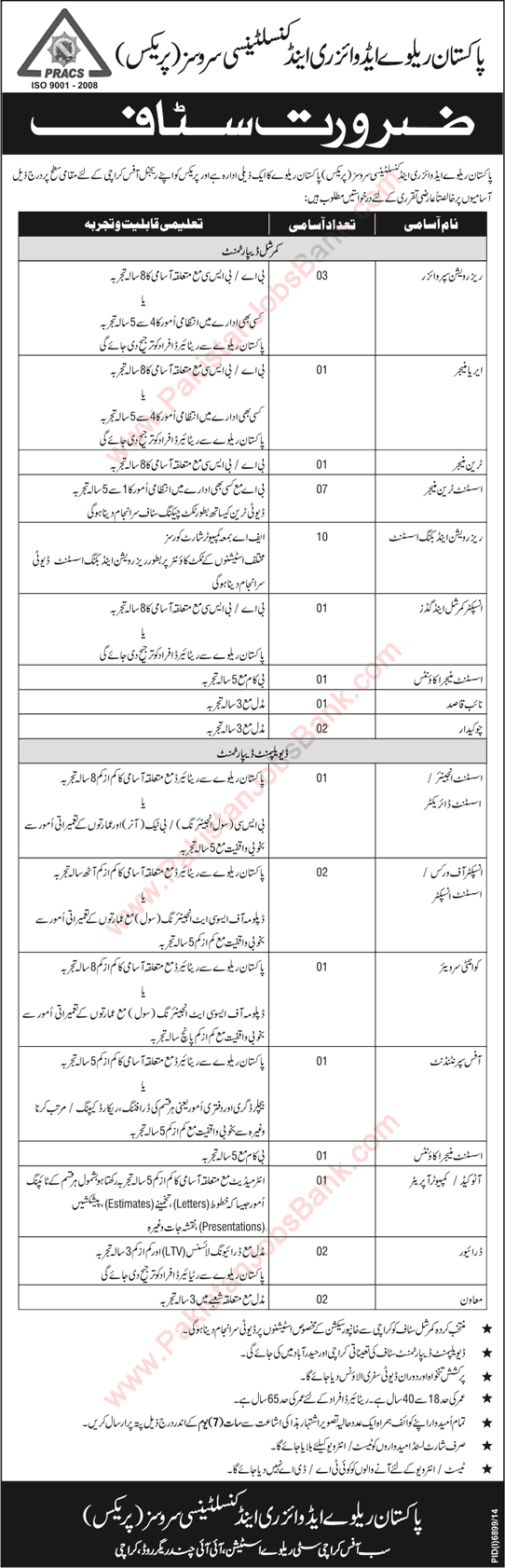 Pakistan Railway Advisory and Consultancy Services Karachi Jobs 2015 June PRACS Latest Advertisement