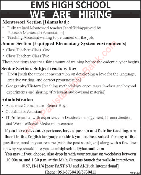 EMS High School Islamabad Jobs 2015 June / July Teaching Faculty & Admin Staff Latest