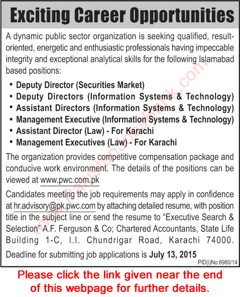 SECP Jobs 2015 June / July Assistant / Deputy Directors & Management Executives Latest through AF Ferguson