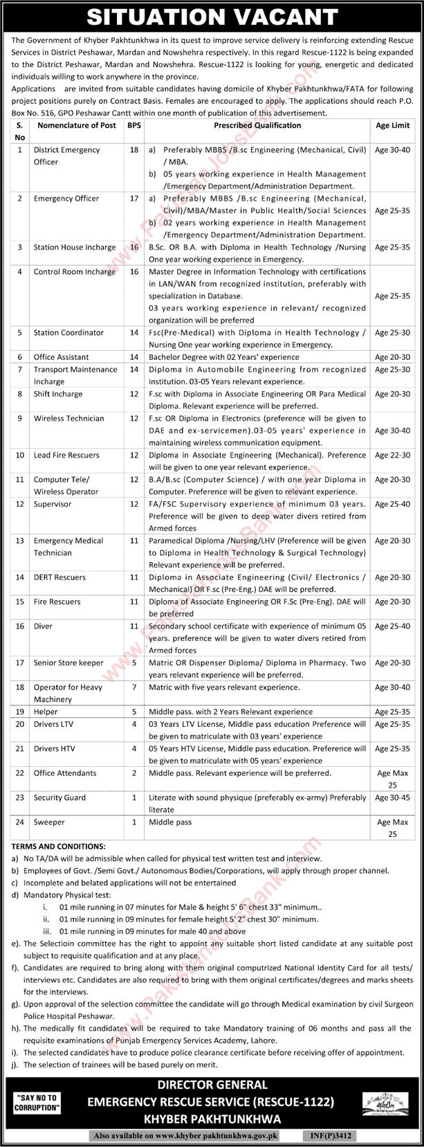 Rescue 1122 KPK Jobs 2015 July in Peshawar, Mardan & Nowshera Latest