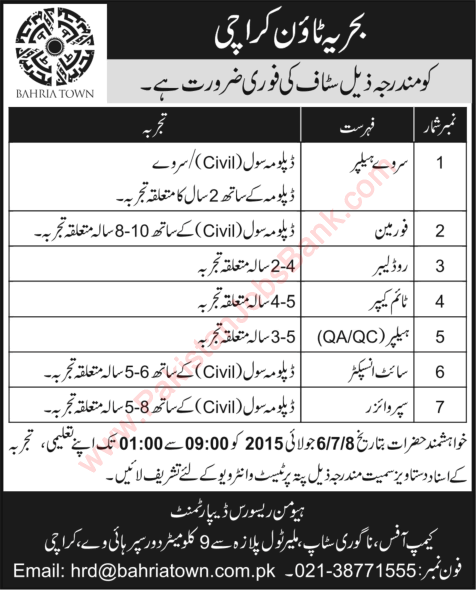 Bahria Town Karachi Jobs 2015 July Civil Engineers, Road Labour, Time Keeper & Helper Latest