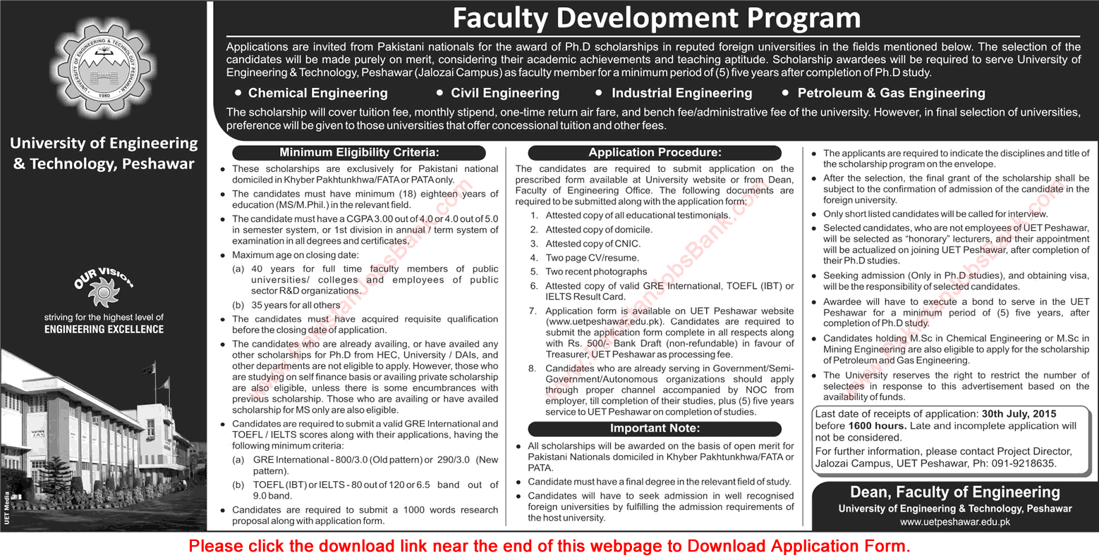 UET Peshawar Faculty Development Program 2015 July PhD Scholarships in Abroad Application Form Download