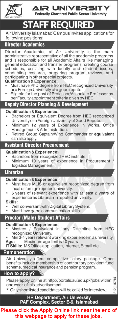 Air University Islamabad Jobs 2015 July Apply Online Directors, Librarian & Proctor Student Affairs
