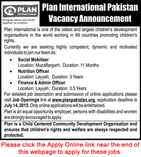 Plan Pakistan Jobs 2015 July Apply Online Social Mobilizer, Nutrition Officer, Admin & Finance Officer