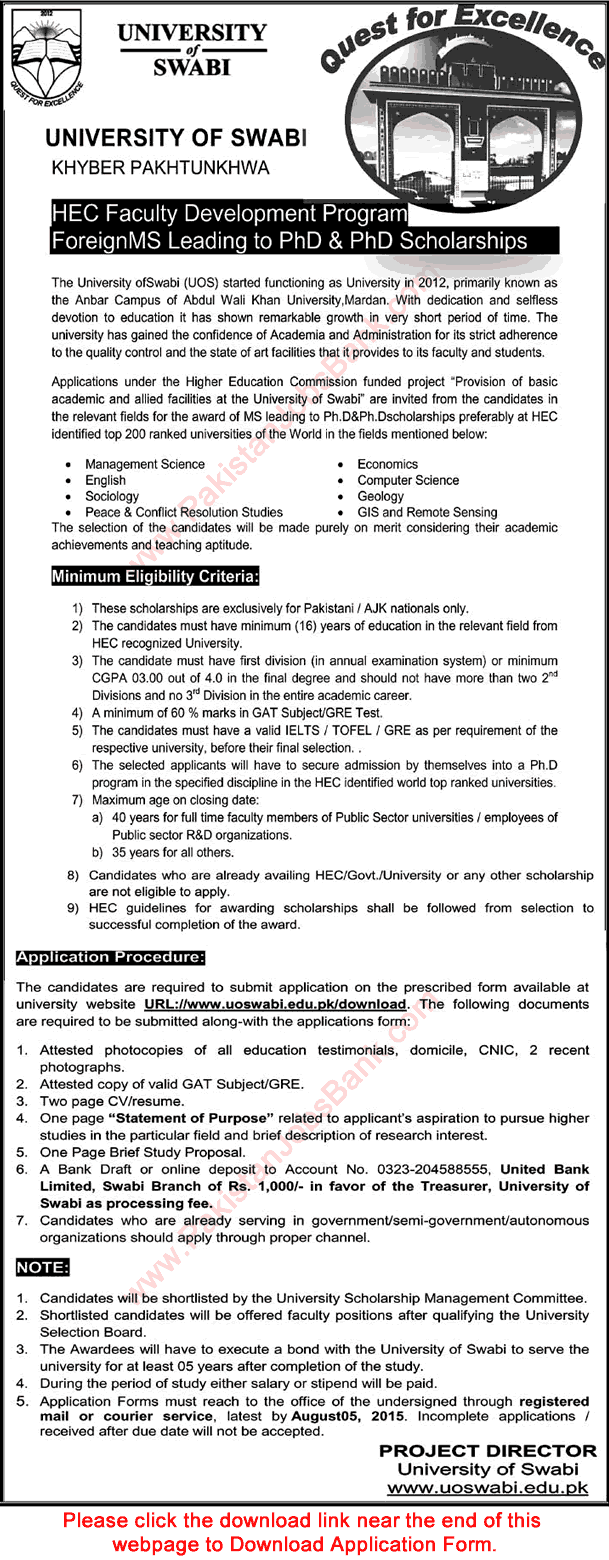 University of Swabi Faculty Development Program 2015 July Application Form HEC Overseas Scholarships