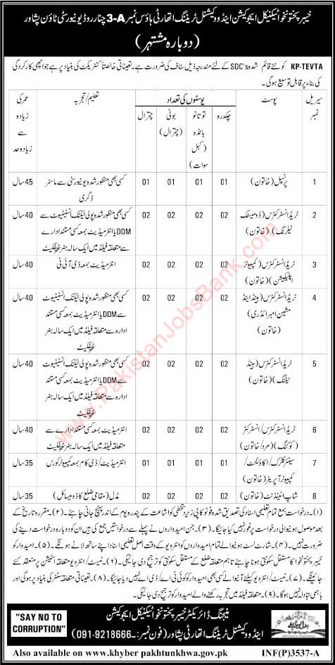 KP TEVTA Jobs July 2015 Instructors, Shop Attendant, Principal, Clerk, Computer Operator & Accountant