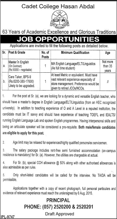 Cadet College Hasan Abdal Jobs 2015 July Master in English & Caretaker Latest