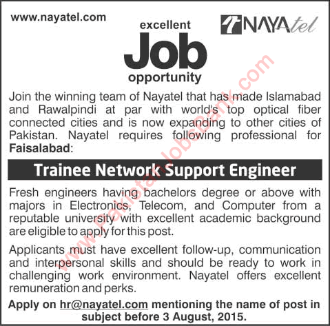 Trainee Network Support Engineer Jobs in Nayatel Faisalabad 2015 July Latest
