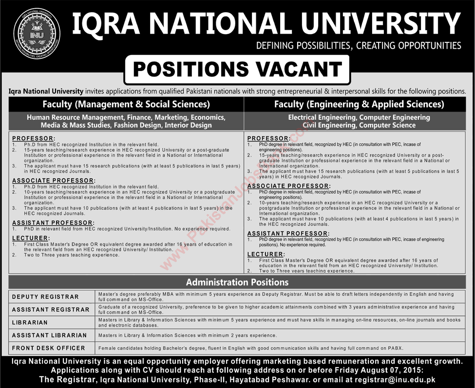 Iqra National University Peshawar Jobs 2015 July / August Teaching Faculty & Admin Staff Latest