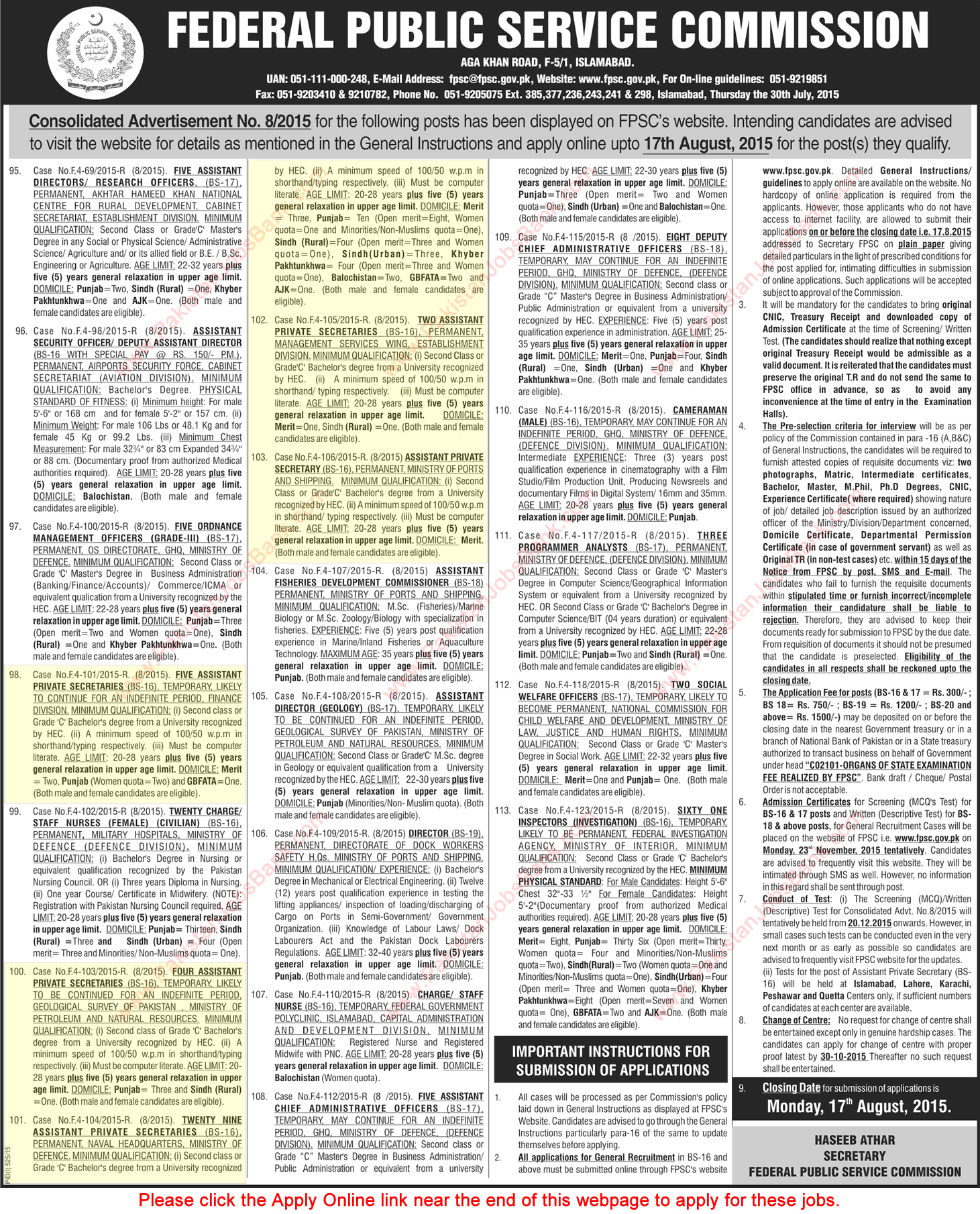 FPSC Assistant Private Secretary Jobs August 2015 Online Apply Ad No 8/2015 Latest