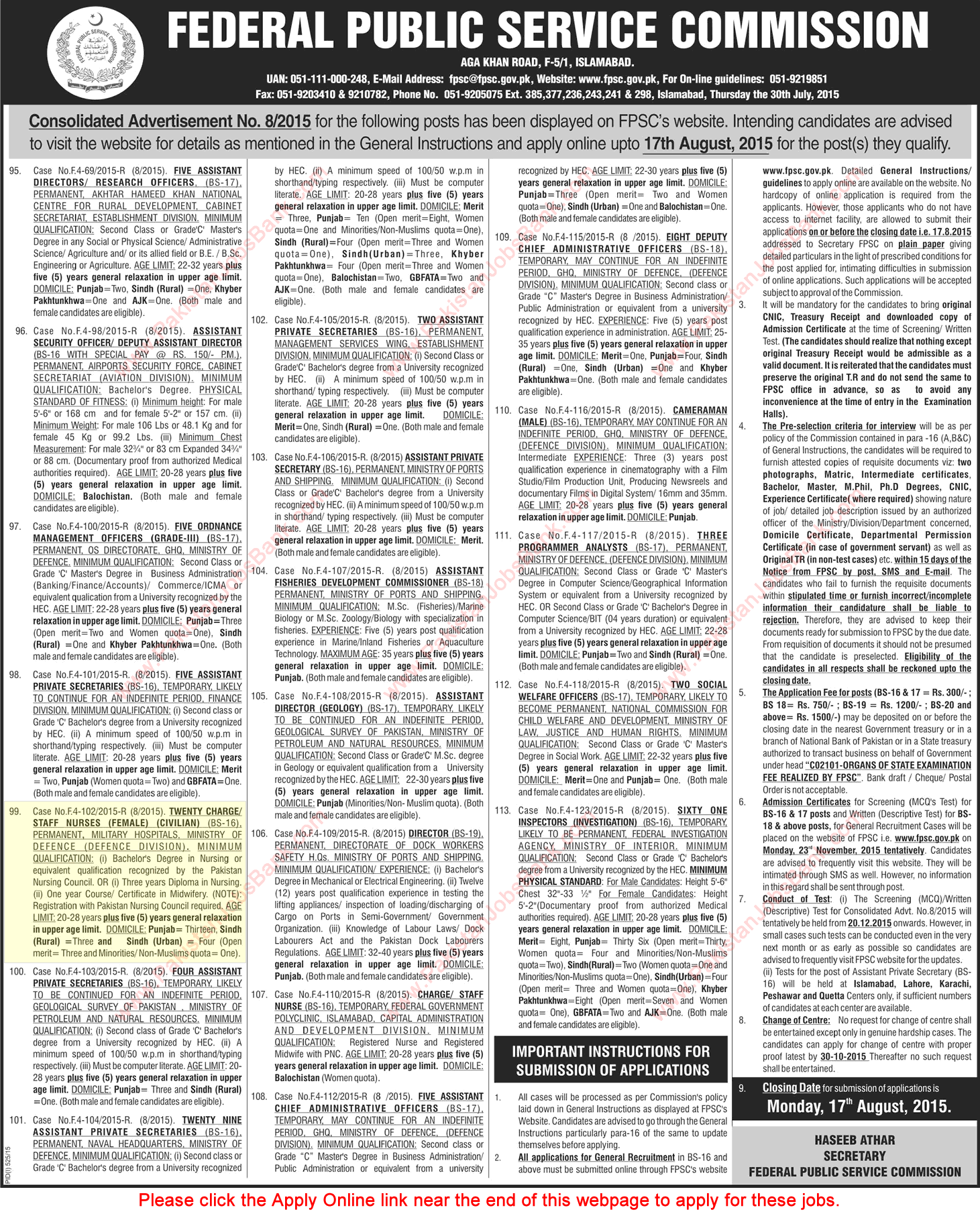 FPSC Nursing Jobs August 2015 in Military Hospitals Staff / Charge Nurses Ministry of Defence Latest