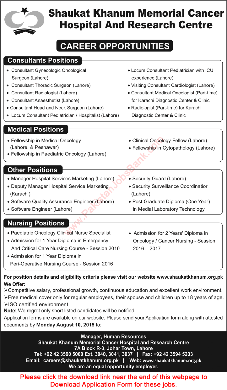 Shaukat Khanum Hospital Jobs 2015 August Application Form Download Medical, Consultants & Admin Staff
