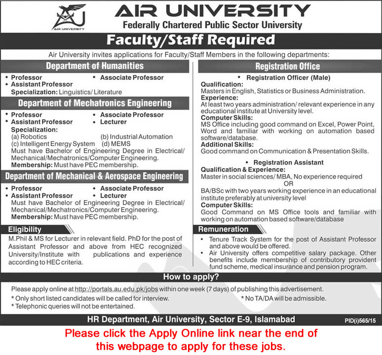 Air University Islamabad Jobs 2015 August Apply Online Teaching Faculty & Admin Staff Latest
