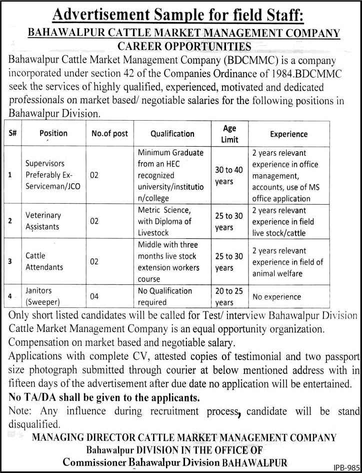 Bahawalpur Cattle Market Management Company Jobs 2015 August Veterinary Assistants, Attendants & Others