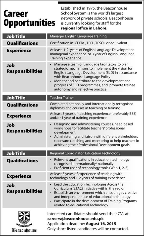 Beaconhouse School System Lahore Jobs 2015 August Teacher Trainer, Regional Coordinator & Manager ELT
