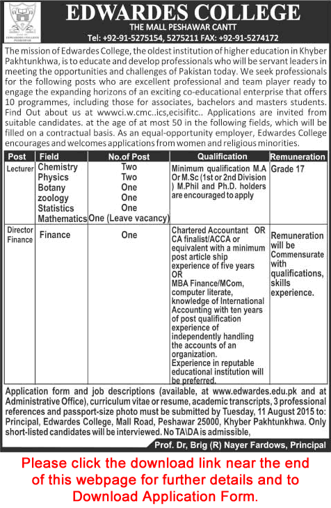 Edwardes College Peshawar Jobs 2015 August Application Form Download Lecturers & Director Finance