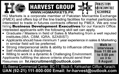 Business Development Executive Jobs in Karachi 2015 August at Harvest Group