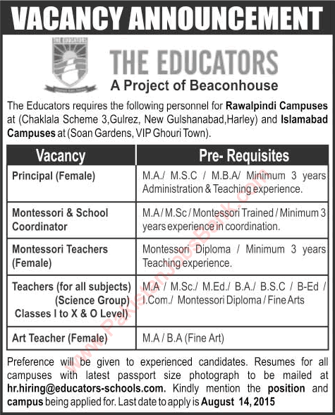 The Educators School Jobs 2015 August Rawalpindi / Islamabad Campuses Teaching Faculty & Principals