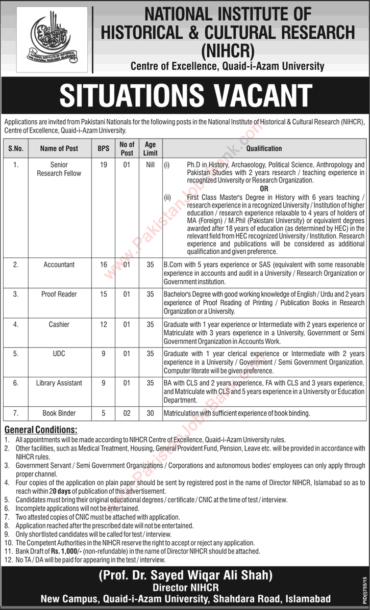 National Institute of Historical & Cultural Research Islamabad Jobs 2015 August NIHCR Quaid-e-Azam University