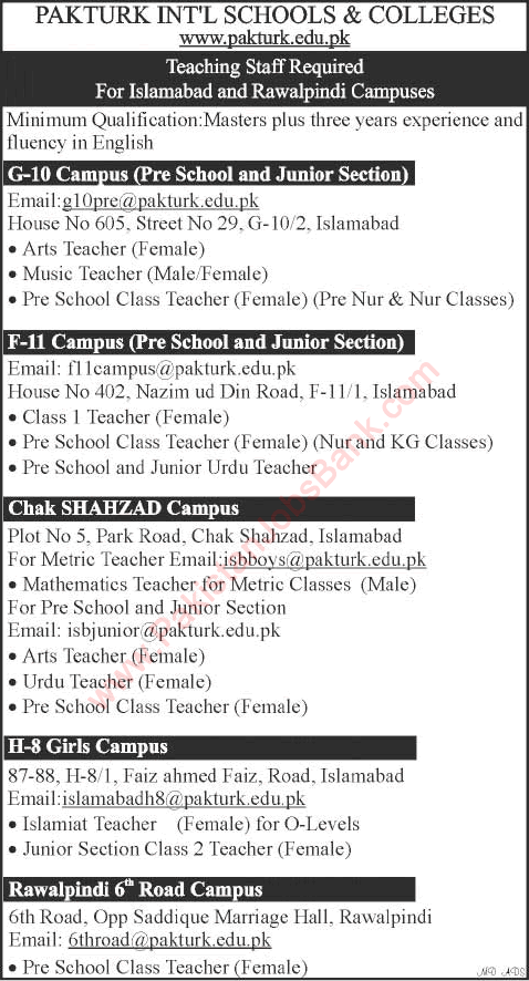 PAKTURK International Schools & Colleges Islamabad Rawalpindi Jobs 2015 August Teaching Faculty