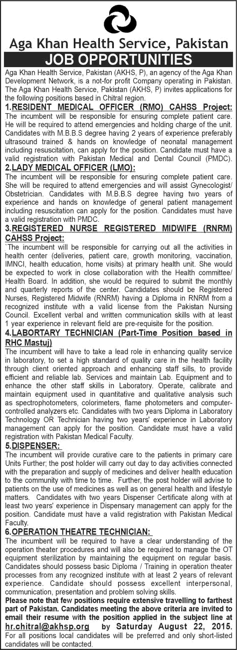 Aga Khan Health Services Chitral Jobs 2015 August Medical Officers, Nurses, Dispenser & Lab / OT Technician