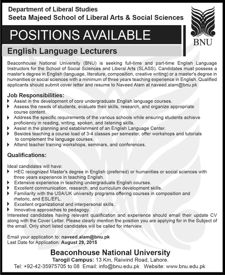 English Lecturer Jobs in Beaconhouse National University Lahore 2015 August Latest
