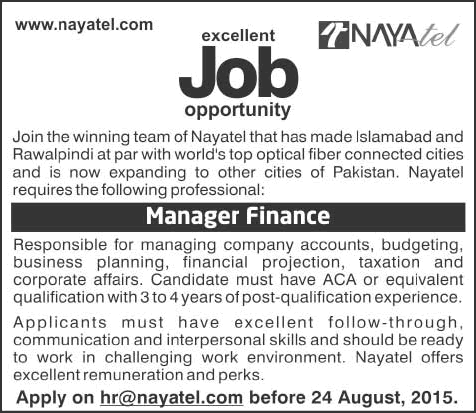 Finance Manager Jobs in Nayatel Islamabad 2015 August Latest