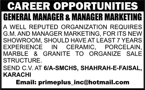 General Manager & Marketing Manager Jobs in Karachi 2015 August