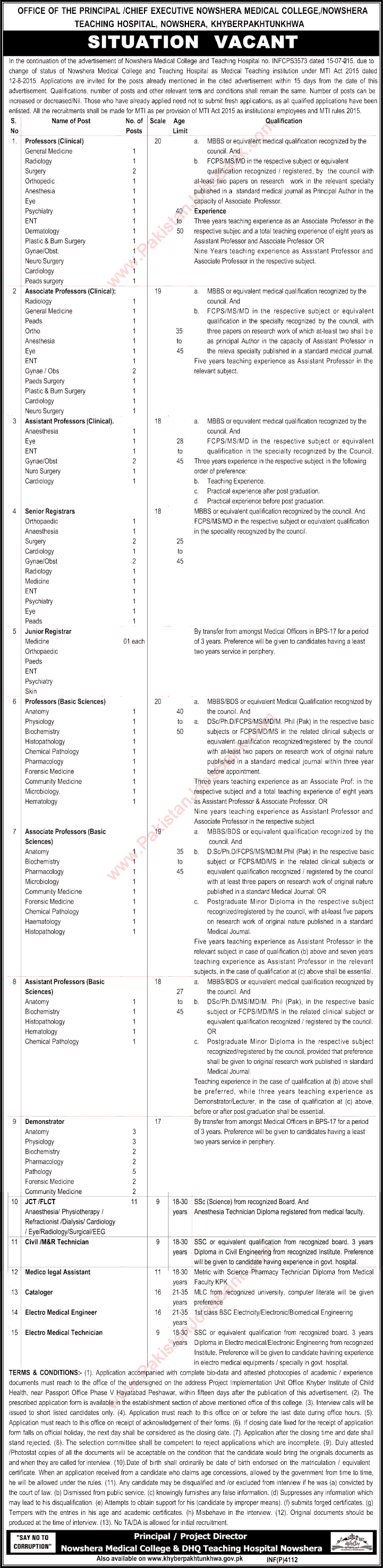 Nowshera Medical College Jobs 2015 August KPK Teaching Faculty, Medical Technicians & Others