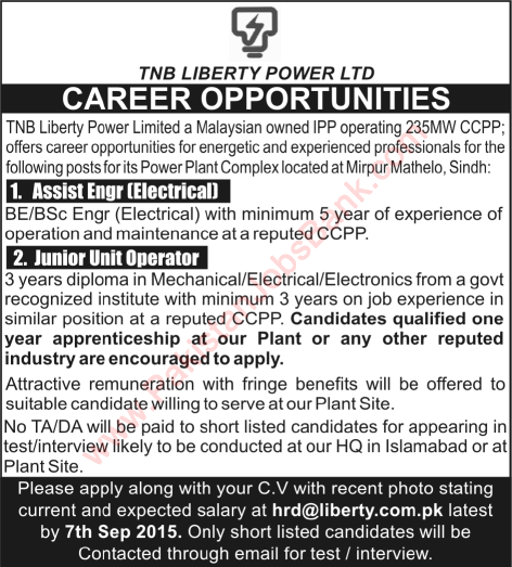 TNB Liberty Power Plant Mirpur Mathelo Sindh Jobs 2015 August Electrical / Mechanical & Electronics Engineers