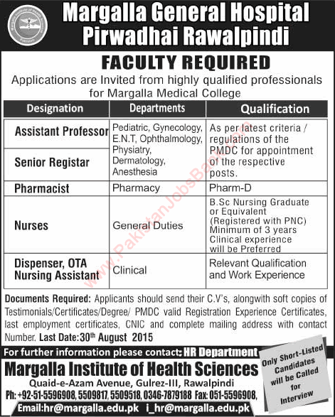 Margalla Medical College Rawalpindi Jobs 2015 August Medical Faculty, Nurses & Paramedical Staff