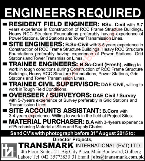 Transmark International (Pvt.) Ltd Lahore Jobs 2015 August Civil Engineers, Purchaser & Accounts Assistant