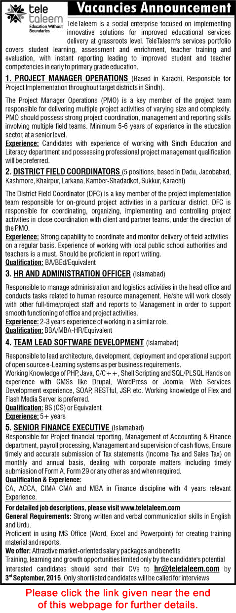 TeleTaleem Pakistan Jobs 2015 August District Field Coordinators, HR / Admin Officer & Others