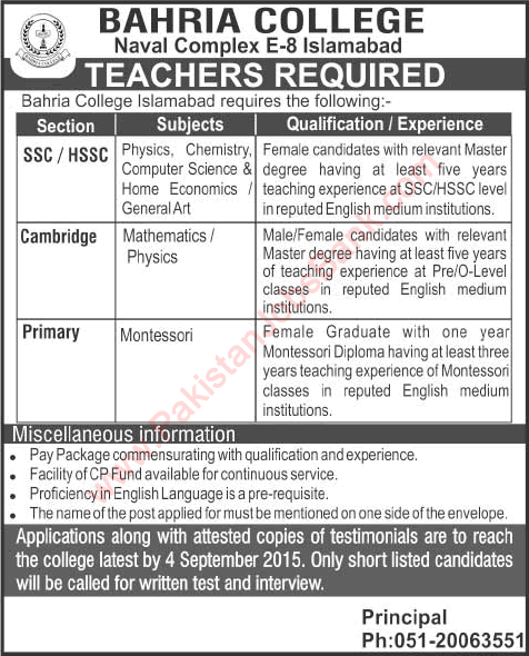 Bahria College Islamabad Jobs 2015 August / September Teaching Staff at Naval Complex Latest