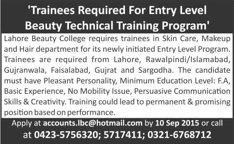 Lahore Beauty College Jobs 2015 August / September Trainee for Beauty Technical Training Program