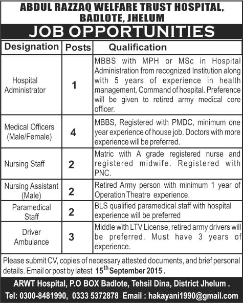 Abdul Razzaq Welfare Trust Hospital Jhelum Jobs 2015 August / September Medical Officers, Nurses & Others