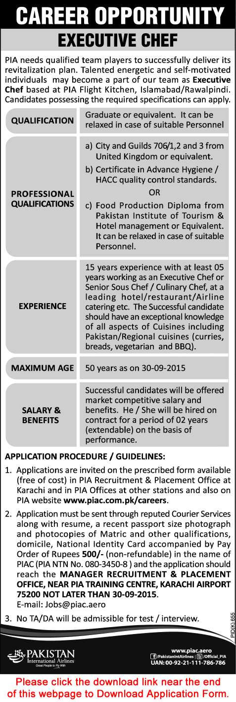 Executive Chef Jobs in PIA Flight Kitchen 2015 August / September Application Form Download