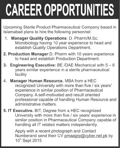 Pharmaceutical Jobs in Islamabad 2015 September Production / HR Manager, IT Executive & Others