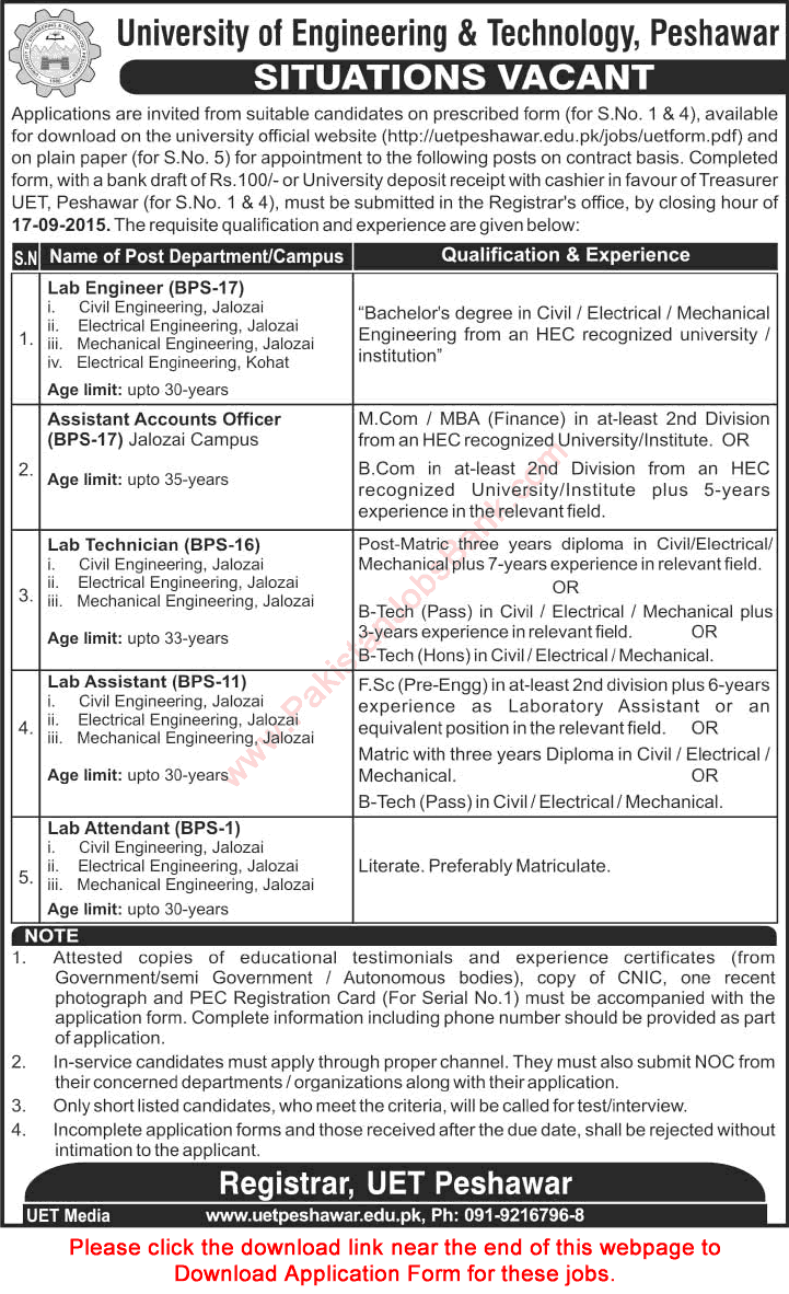 UET Peshawar Jobs 2015 September Application Form Lab Engineers / Assistant / Attendant & Accounts Officer