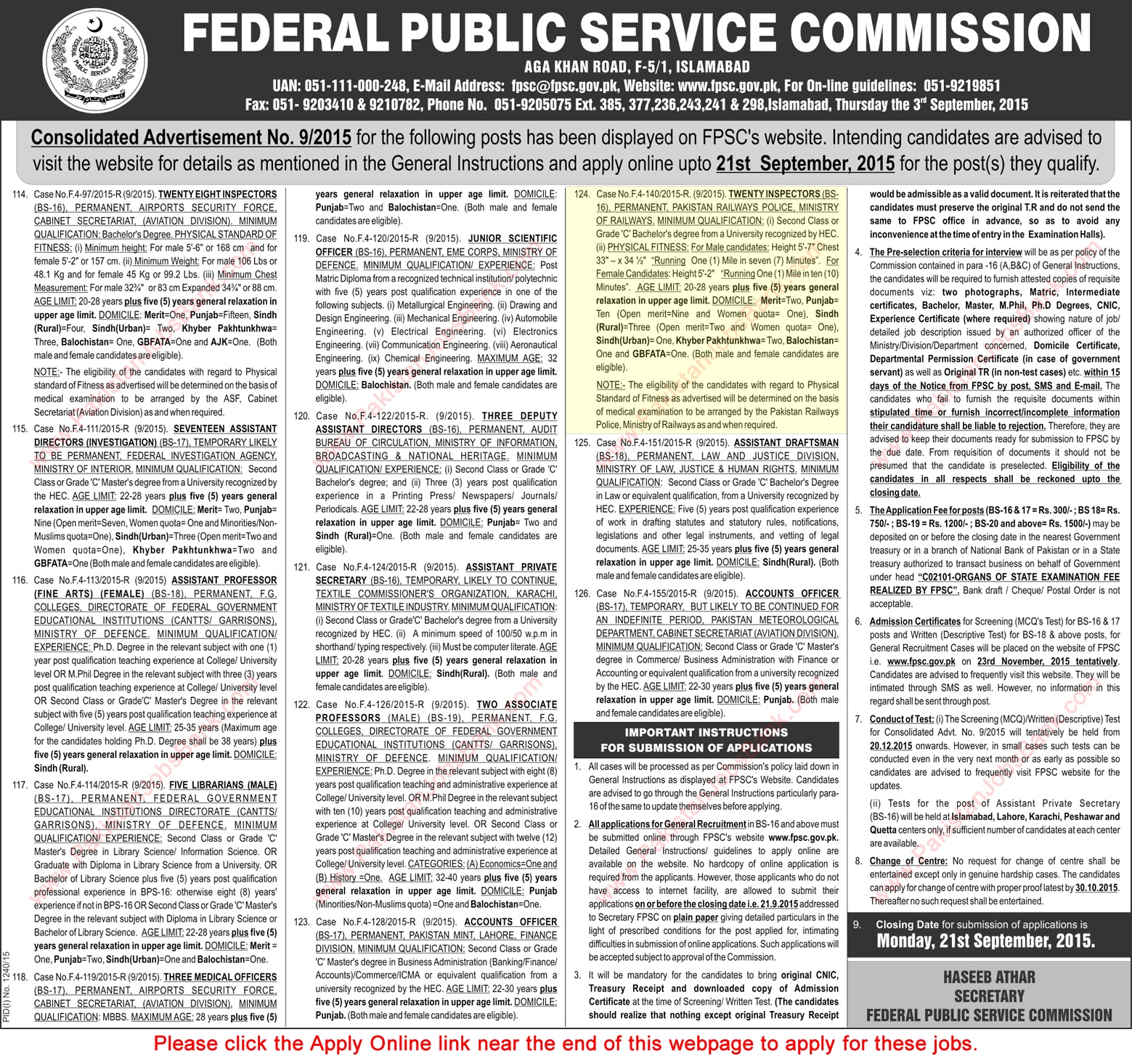 Pakistan Railways Police Jobs 2015 September Inspectors Online Application Form FPSC Latest