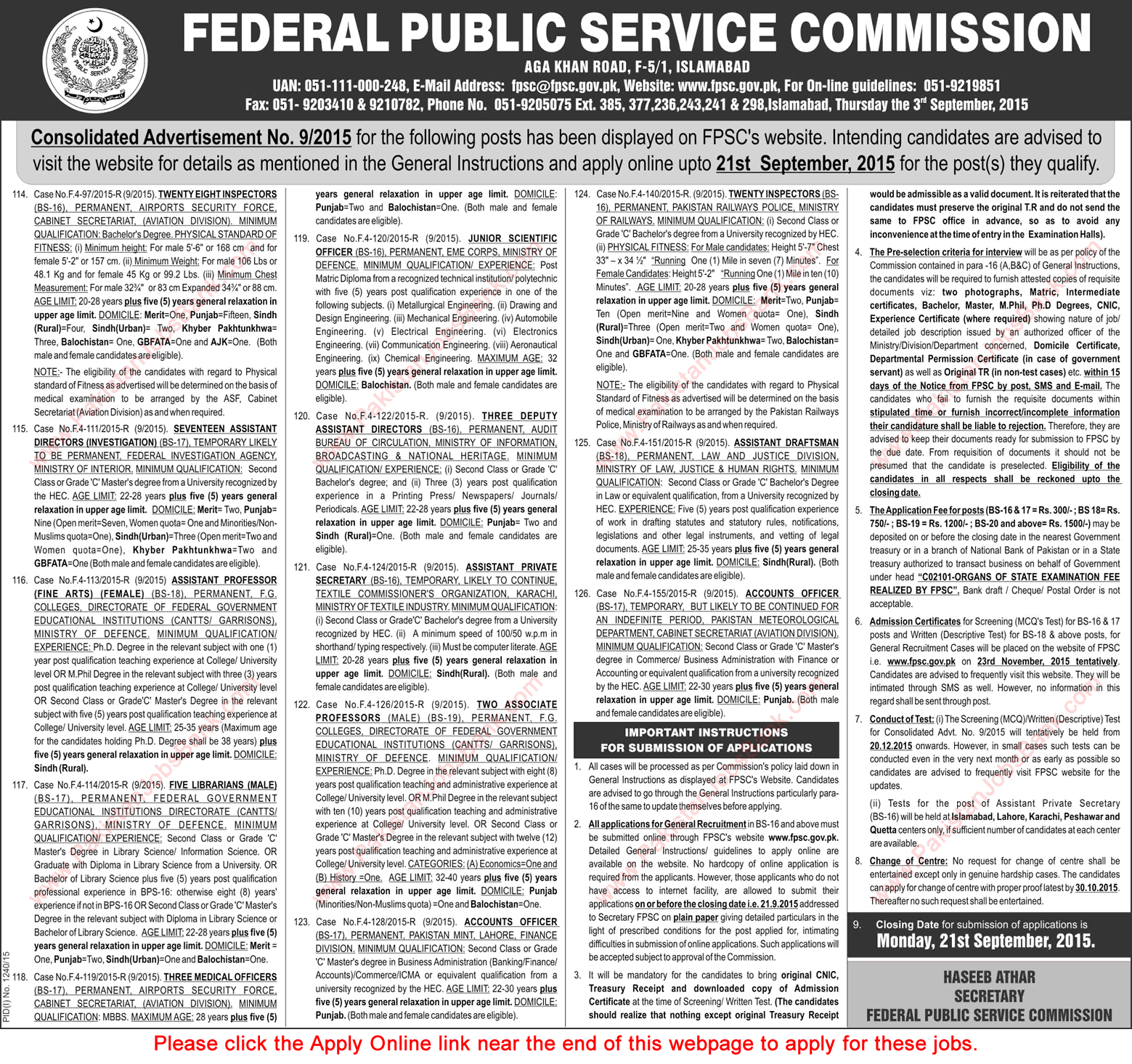 FPSC Jobs September 2015 Online Apply Consolidated Advertisement No 9/215 (09/2015) Latest