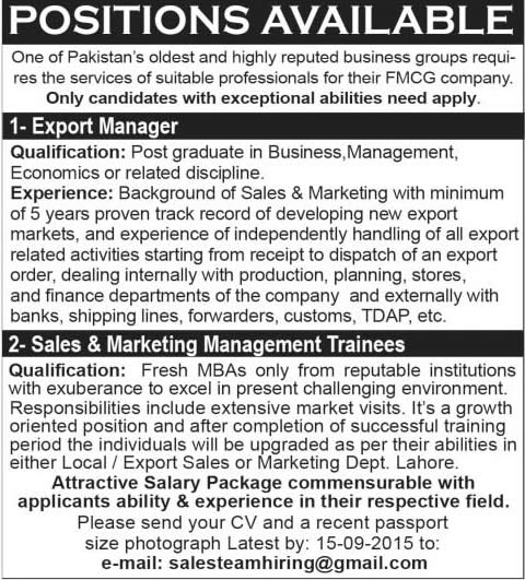 Sales & Marketing Management Trainees & Export Manager Jobs in Lahore 2015 September